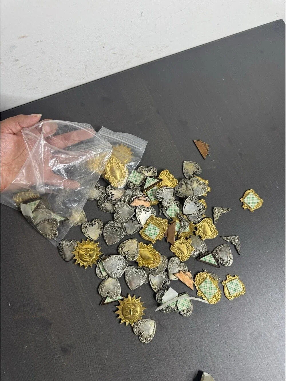 Metal Craft Embellishments Lot Gold Silver Tone Hearts Suns Ornate Appliqués